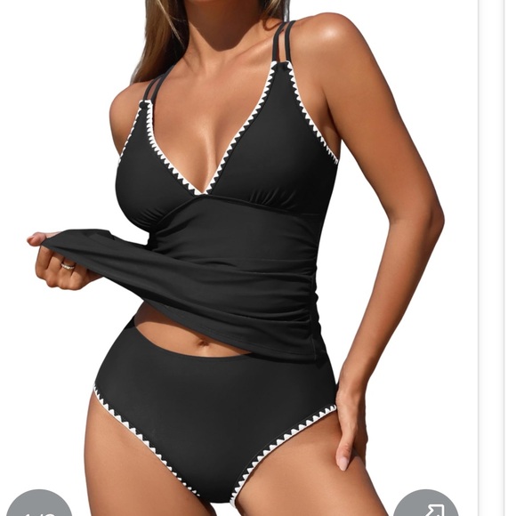 *NEW*Women's Tankini Swimsuits V Neck Push Up Swim Top Color Block Tummy Control - Picture 1 of 6